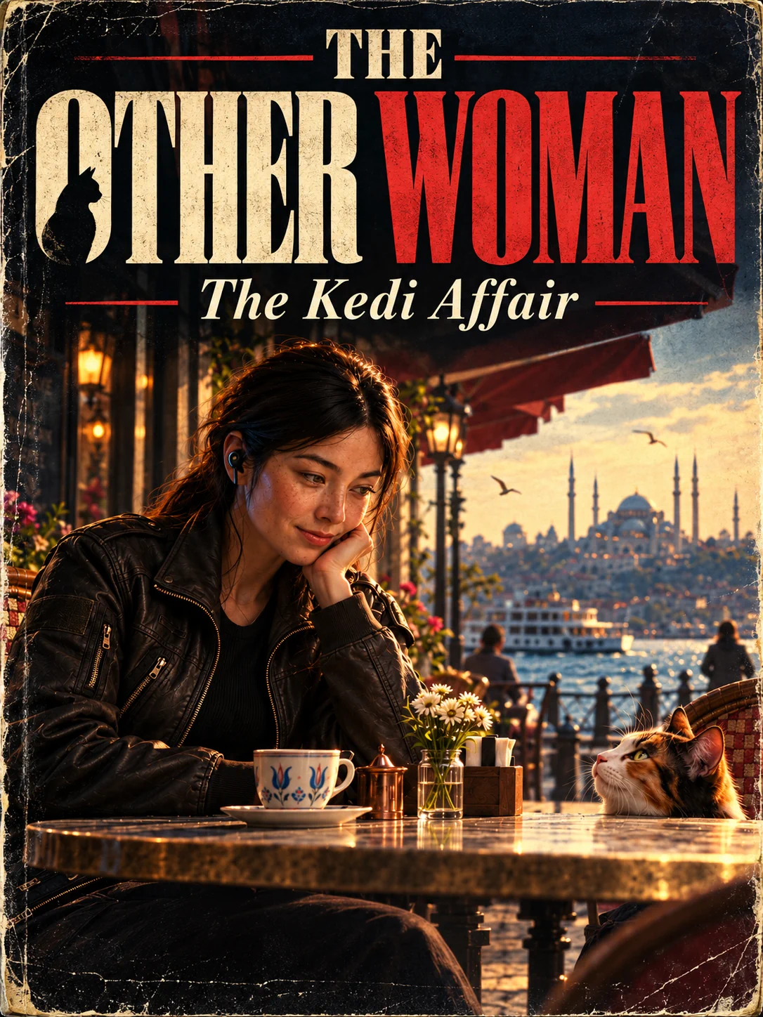 Vintage espionage-thriller cover for *The Other Woman: The Kedi Affair*. Tanya D’Gaul, wearing a black leather jacket, sits at an outdoor Istanbul café, gazing at a curious calico cat peeking over the opposite edge of the table. The Bosphorus and Istanbul’s historic skyline form the backdrop, beneath bold, weathered red-and-cream typography reminiscent of a classic spy novel.
